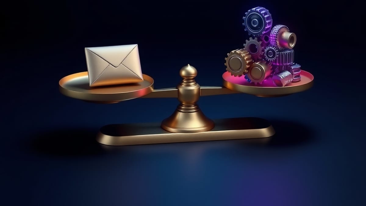 A balance scale weighing a single sealed envelope against small glowing gears and conveyor belts on a dark slate surface.