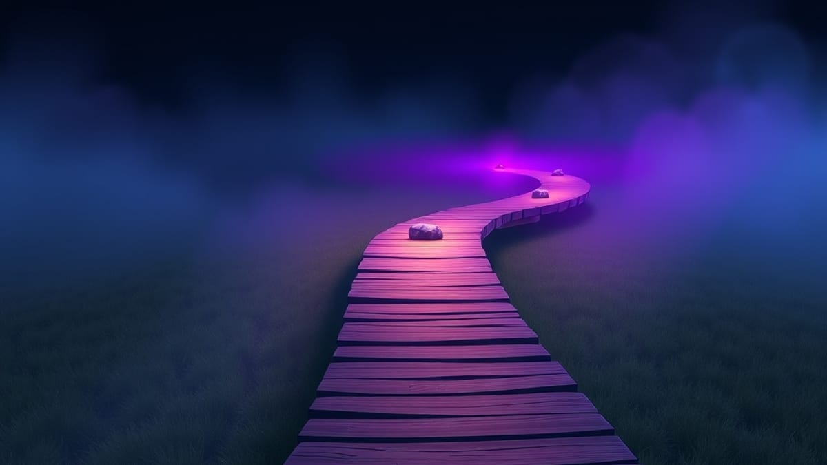 A single path forking into three diverging trails across a foggy plain, each trail marked by a slightly different stone.