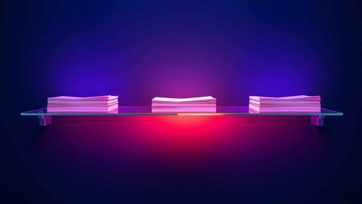 A long glass shelf of paper stacks, brightly lit at both ends and dim in the middle, where sheets fade away.