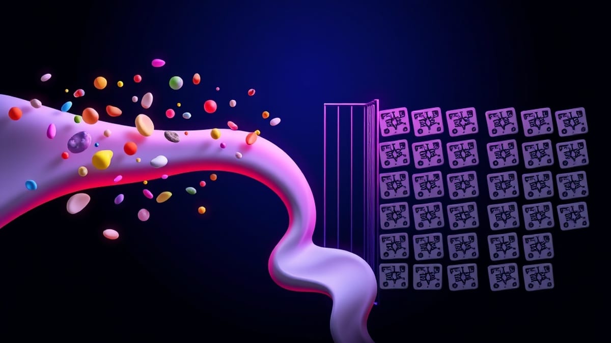 A glowing stream splits: one side scatters into many colorful unique shapes, the other passes through a gate into identical g