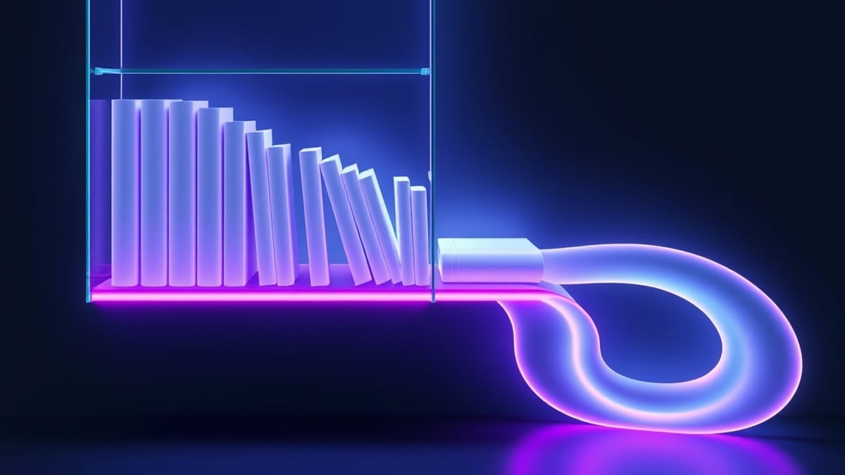 A glass bookshelf where some books are solid and others dissolve into glowing empty ribbons of light.