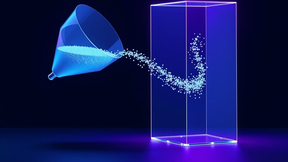 Glowing particles pour through a glass funnel into a large sphere while another stream flows past into a sealed box.