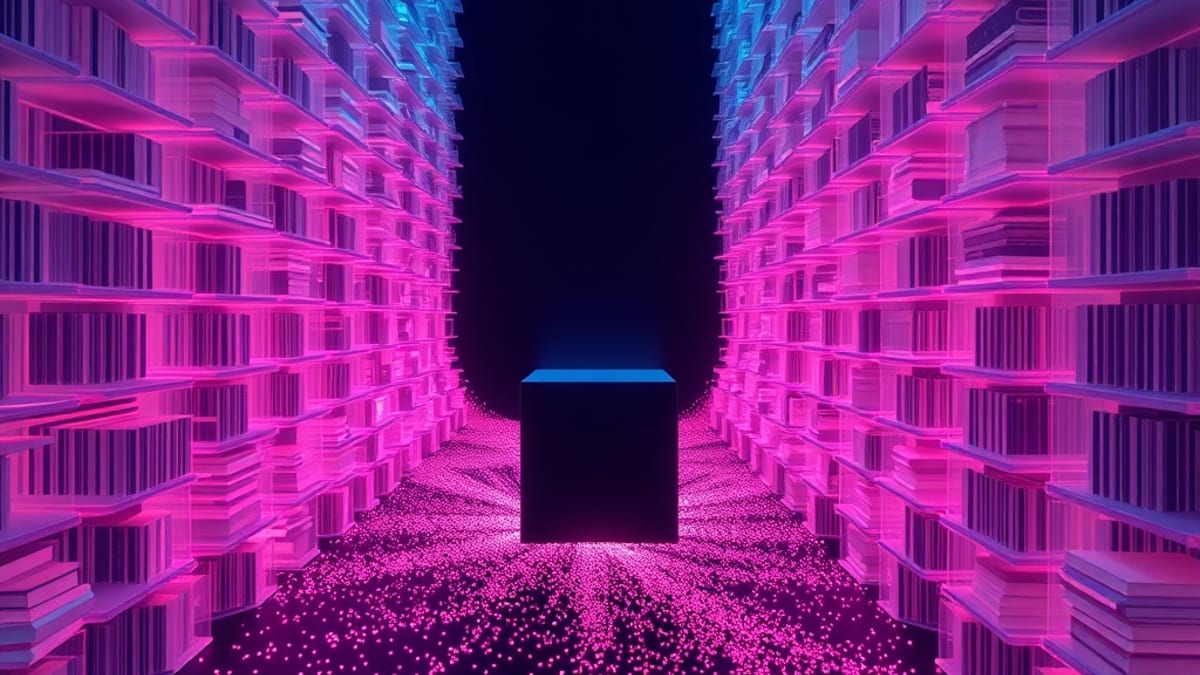 Glowing book-spines dissolve into particles that flow into a dark cube, which emits one beam of light while ghost books float