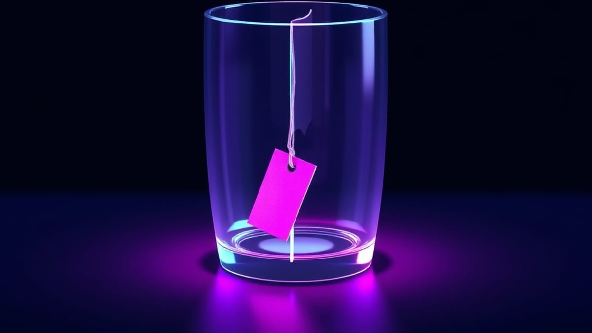 A glass document split by a glowing seam, one cloudy half and one clear half, with a small tag tied at the join.