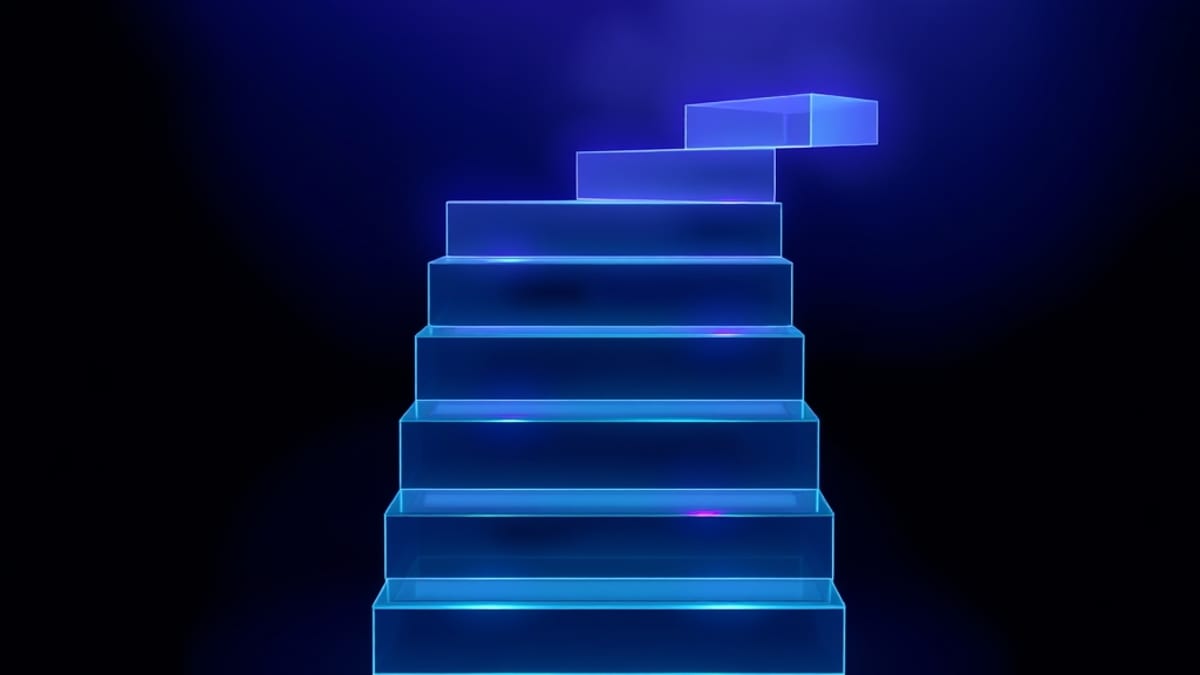 A gleaming glass staircase rising through fog whose upper steps dissolve into empty mist with no support beneath.