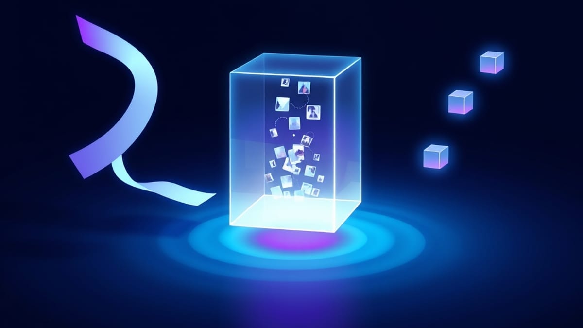 A glass cube at center receiving streams of paper, photo tiles, and sound ripples that dissolve into small cubes merging insi