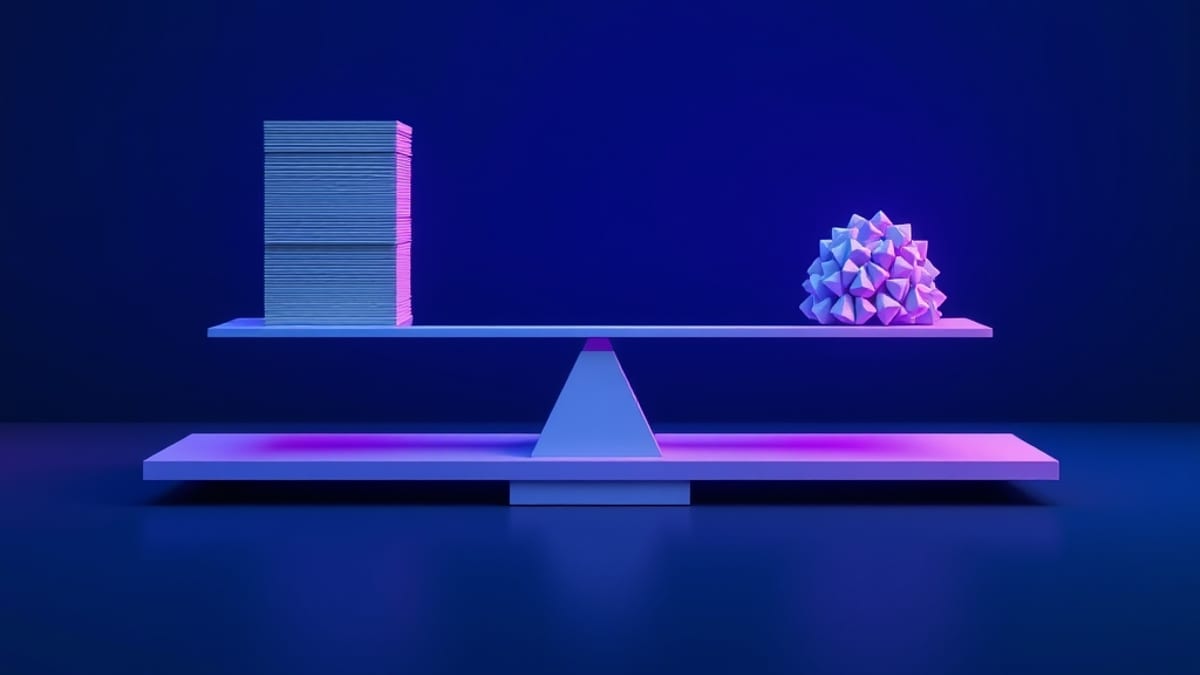 A balance scale with a tall stack of blank cards on one pan and one small card weighed down by dense geometric shapes on the 