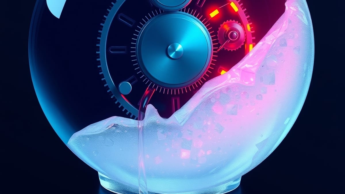A glass dial sculpture partly frozen, with glowing tiles flowing in and shifting a few dials while the rest stay locked.