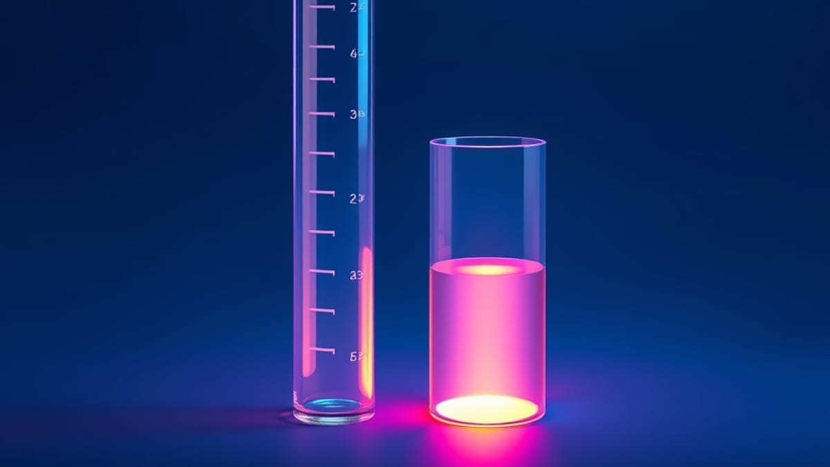 A tall glass column filled almost to the top stands beside a small full thimble, both catching side light.