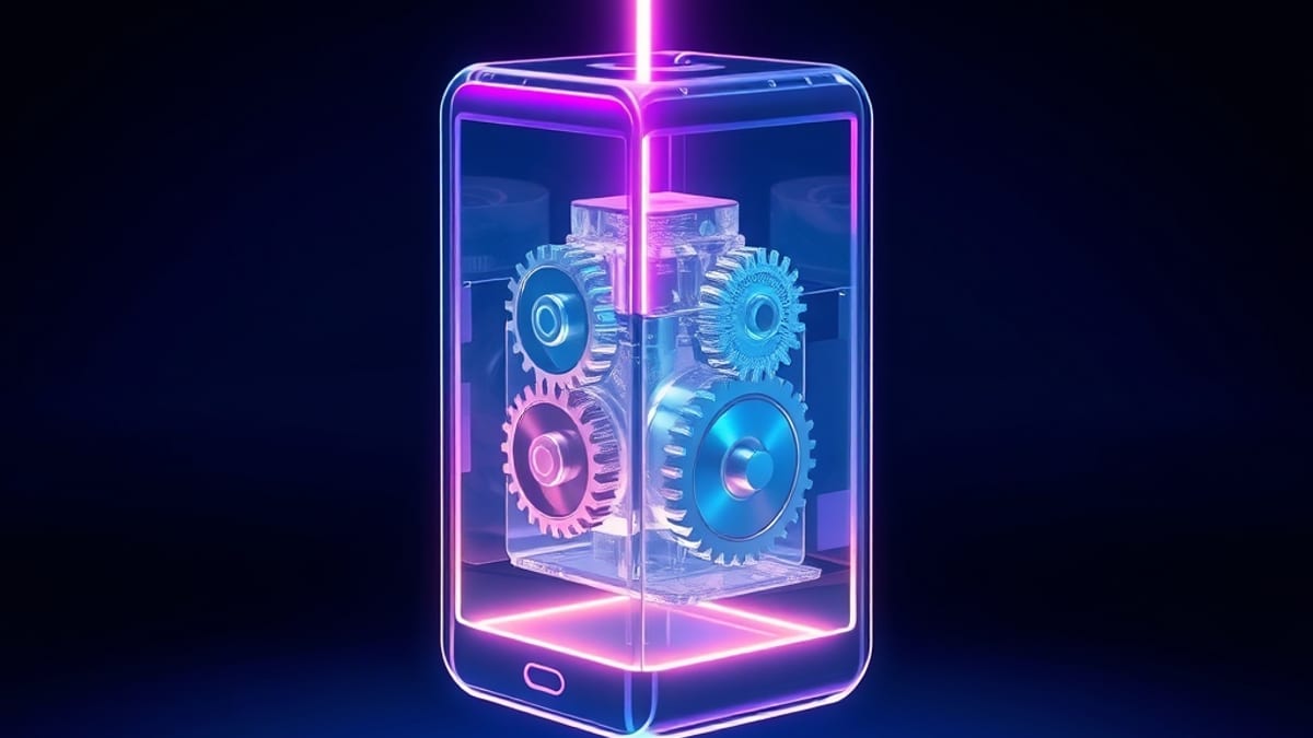 A glass engine floating inside a glowing phone-shaped shell, frozen crystal gears inside, one bright thread of light passing 
