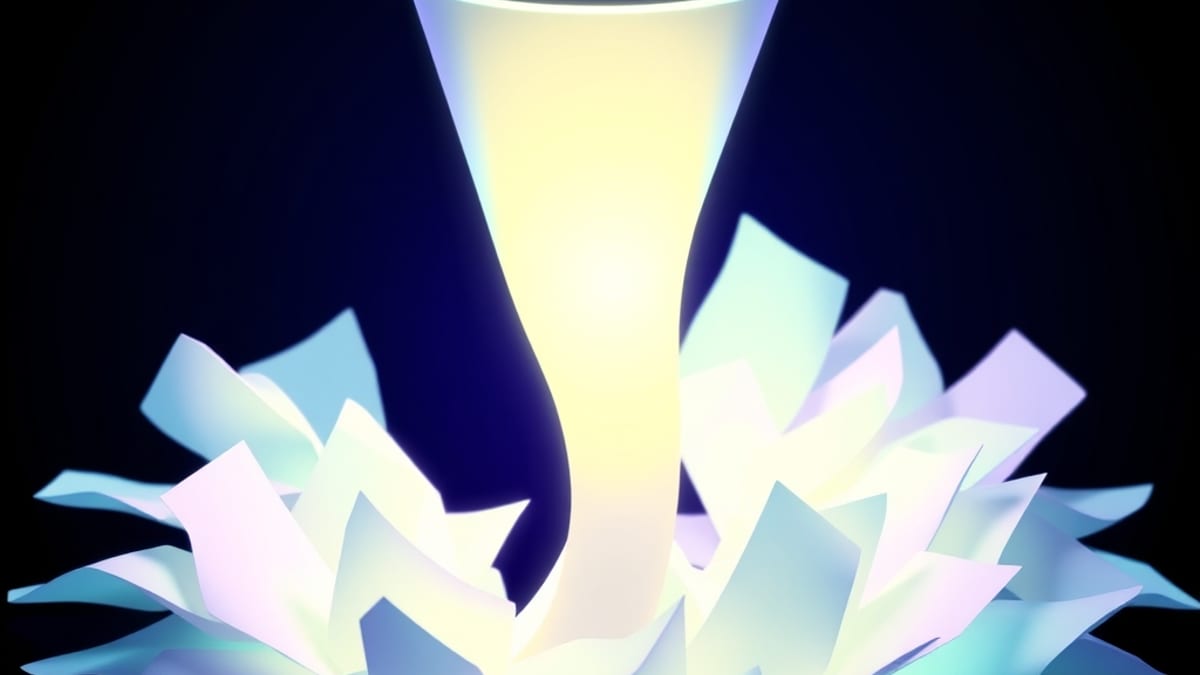 A glowing stream of paper slips pours into one glass funnel, with a few dark sharp-edged slips hidden among the clean white o
