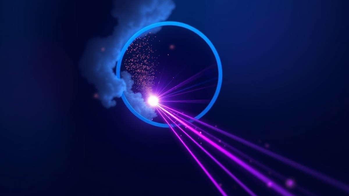 Glowing particles pour into a dark chamber; most scatter into grey haze while a few tight lines pass a narrow slit and form o