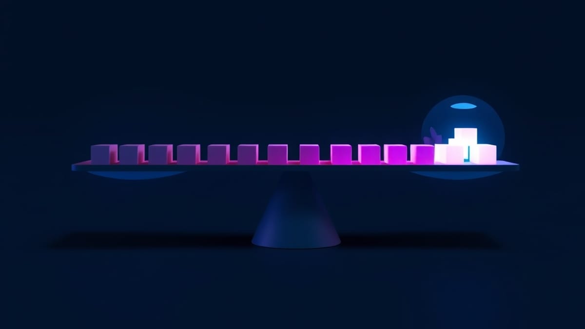 A ribbon of text breaking into identical glowing cubes, weighed on a balance scale with many cubes on one side and few on the