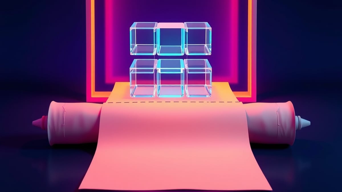 A paper scroll cut into small glass cubes that stack inside a clear rectangular frame while the rest of the scroll runs past 