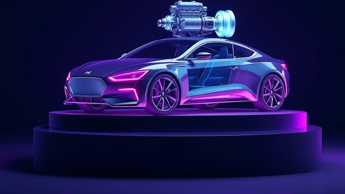 A sleek glass car body with its hood open, a glowing engine floating separately above it, unconnected.