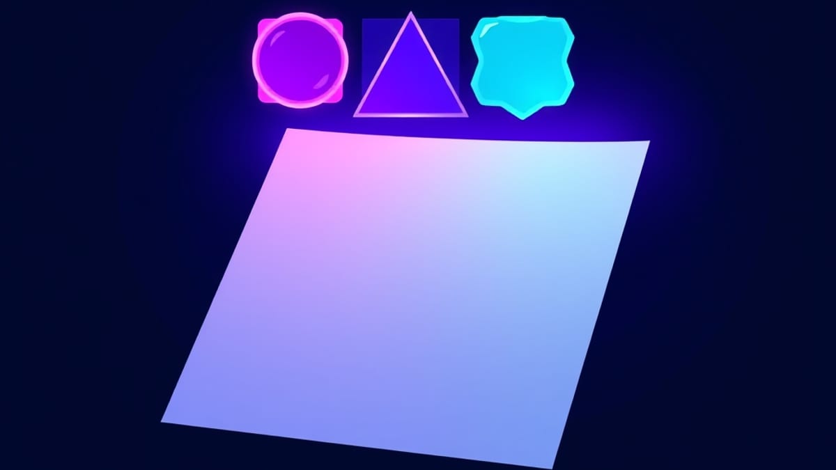 Five translucent colored glass shapes floating above a blank sheet of paper, sliding into five empty slots cut into the page.