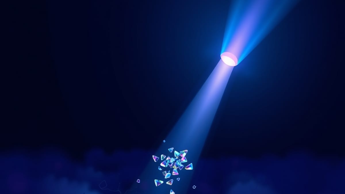 A focused beam of light illuminating one narrow path through a dark field of branching fog-covered routes, with glass shards 