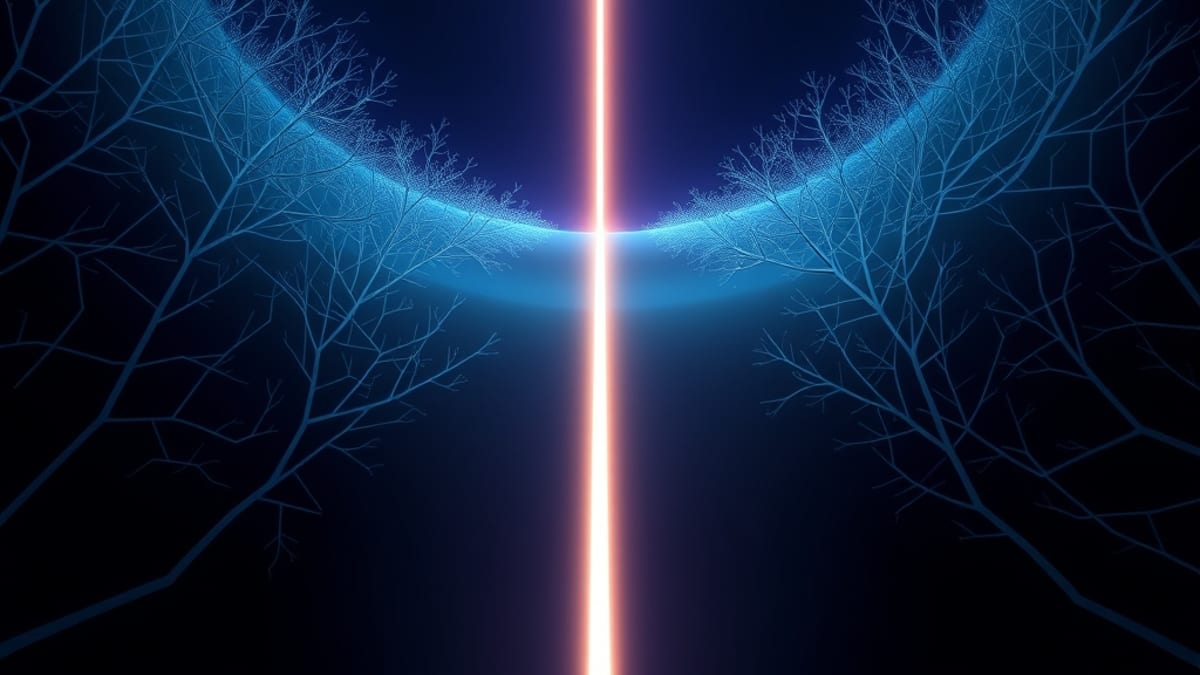 Thousands of faint grey branching paths converge into a funnel, narrowed by one glowing thread into a single bright line.