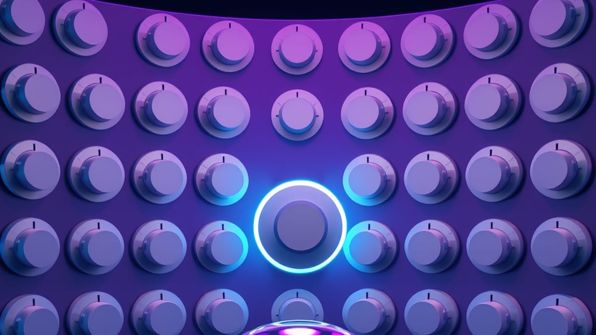 A wide wall of blank metal dials frozen at different positions, one glowing, with a translucent empty shell floating in front