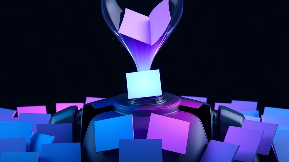 A stream of identical blank paper slips flows through a glass funnel into an open mechanical chest, one slip faintly glowing 