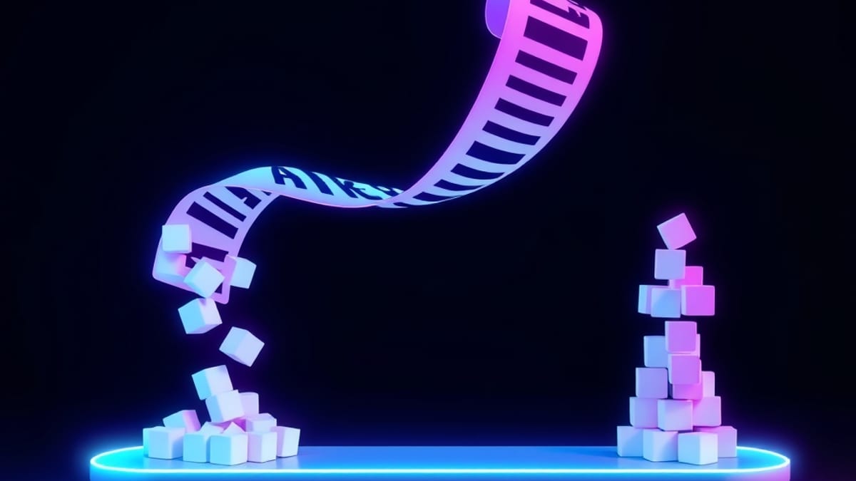 A ribbon of text splitting into glowing cubes, falling onto two sides of a balance scale under blue and amber light.