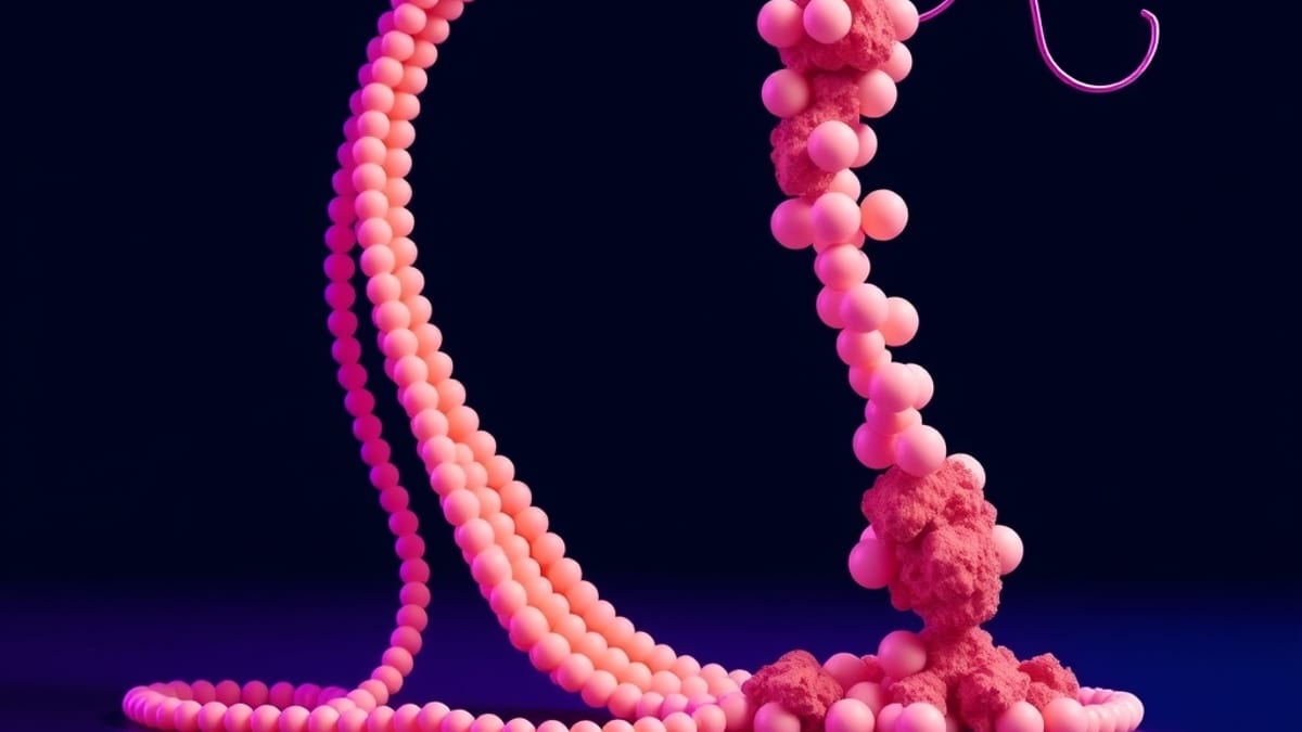 A smooth ribbon of identical beads from a nozzle fraying into irregular, uneven lumps on the other side.
