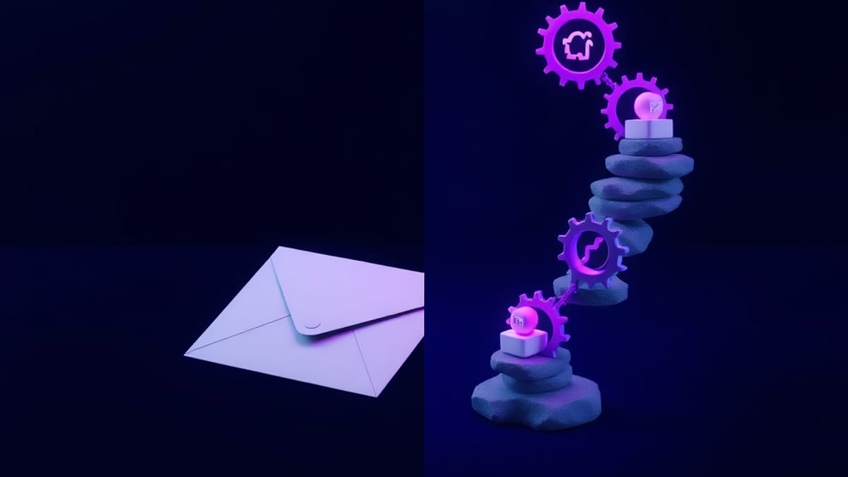 A sealed envelope beside a looping path of stepping stones with small tools, showing one answer versus many steps.