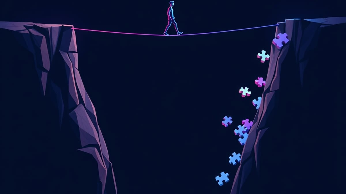 A tightrope stretched between a solid stone cliff and a cliff crumbling into floating puzzle-shaped tiles, with a tiny balanc