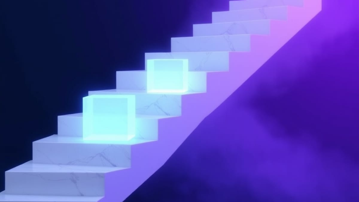 A white marble staircase rising through fog, with glowing hollow blocks floating in the gaps where steps are missing.