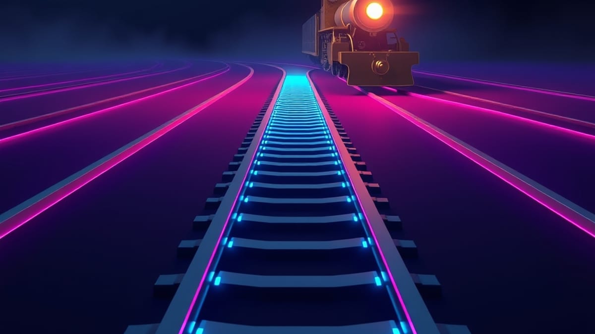 A lone brass locomotive on an empty plain facing hundreds of glowing rails fanning out, only one lit.