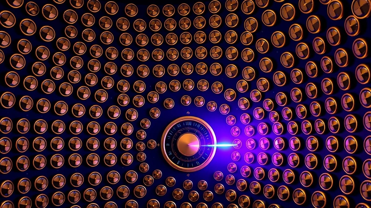 A curved wall of thousands of small brass dials in concentric rings, lit by a single sweeping beam as a few dials shift sligh
