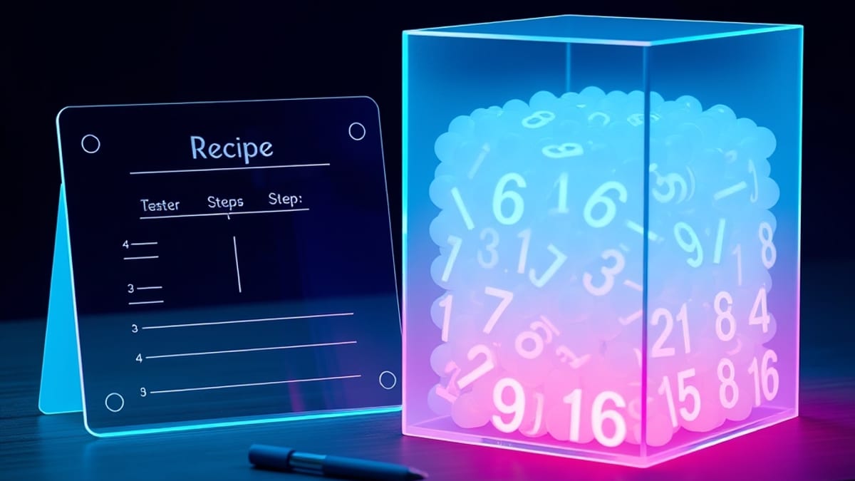 A glass card etched with a simple flowchart lies beside a frosted cube packed with tiny glowing beads.