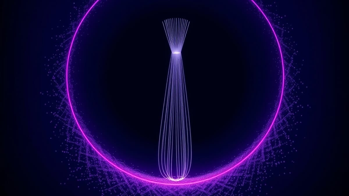 Wide funnel of light narrowing scattered grey strands into one bright converging beam in a dark room.