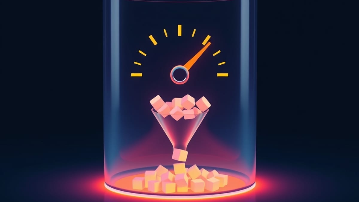 A glass fuel gauge shaped like an open book, its needle dropping toward empty as glowing cube pellets drain out.