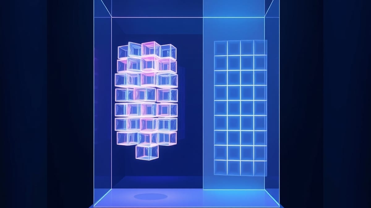 A glowing cube lattice lifted freely from an open case beside an identical lattice sealed behind frosted glass.