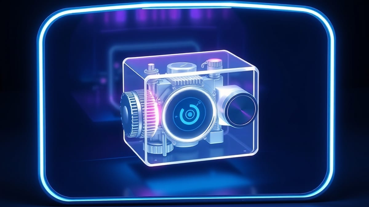 A glowing glass engine sits inside a plain dashboard panel, separated by a thin divider, with gears turning on one side and a