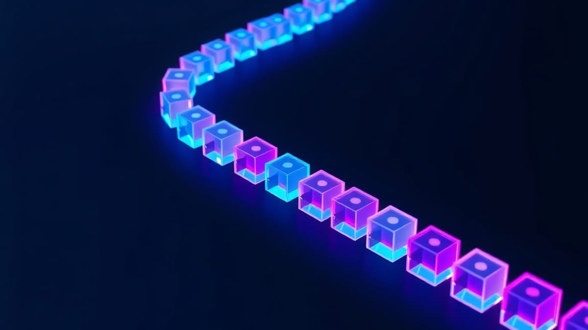 A chain of glowing glass cubes built one by one from faint alternatives, with the final cubes hovering unverified above a mag