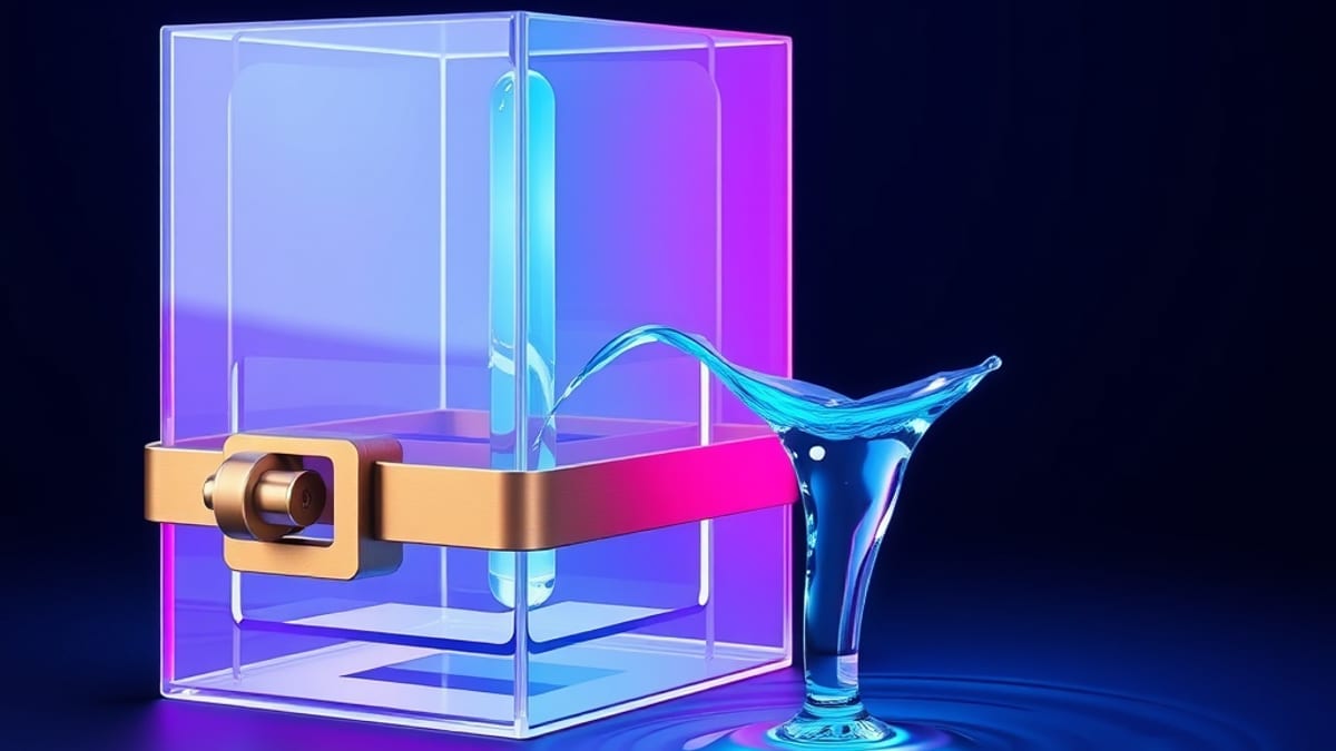 A clamped glass block of frozen layers beside a stream of water bent by a small paddle.