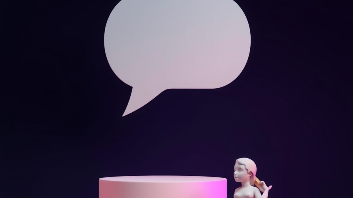 An empty speech bubble floats above a bare pedestal while a half-finished clay sculpture sits on a workbench being shaped by 