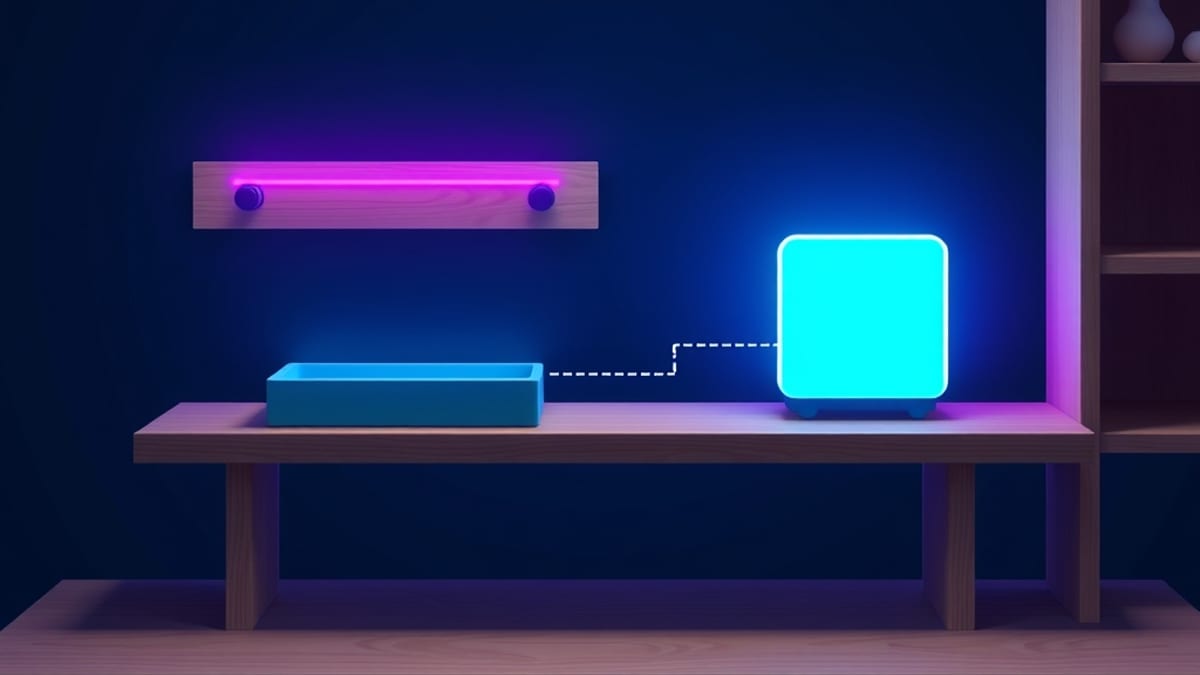 A glowing modular block slotted into a familiar tool tray on a wooden workbench, with one separate block waiting on a shelf n