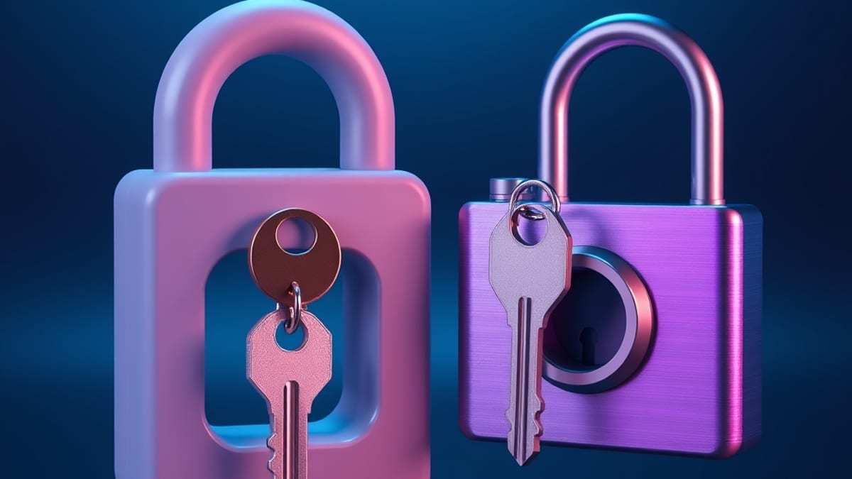 Two keys floating near two differently shaped locks, one a weekly planner grid, one a camera outline, on a plain pastel backg