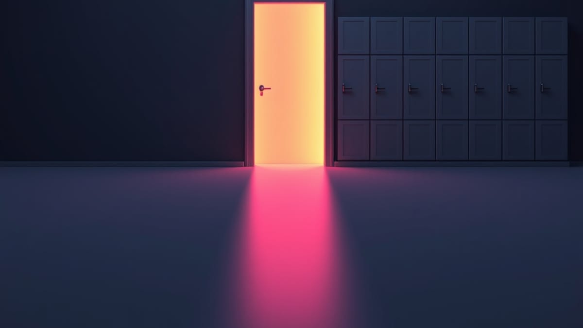A lone open doorway glowing with warm light stands beside a tall wall of identical closed doors in a plain grey room.