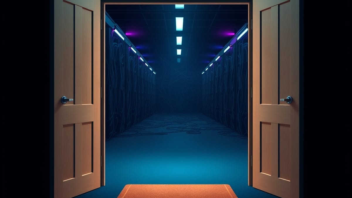 An open plain wooden door letting daylight into a room, with a dim warehouse of tangled cables visible behind it.