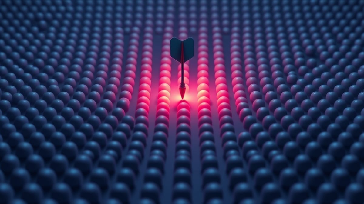 A dart rests at the exact center of a vast grid of identical grey dots, all fading into pale uniformity around it.