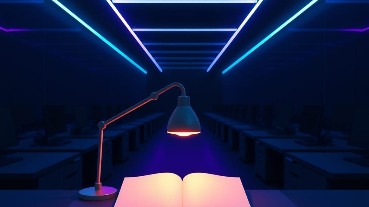 A small lit desk lamp over one notebook, with rows of unlit empty workstations fading into darkness behind it.