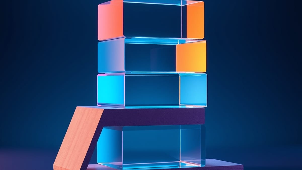 A tall stack of translucent glass blocks balanced on a small wooden wedge that is being pulled away, letting the blocks settl