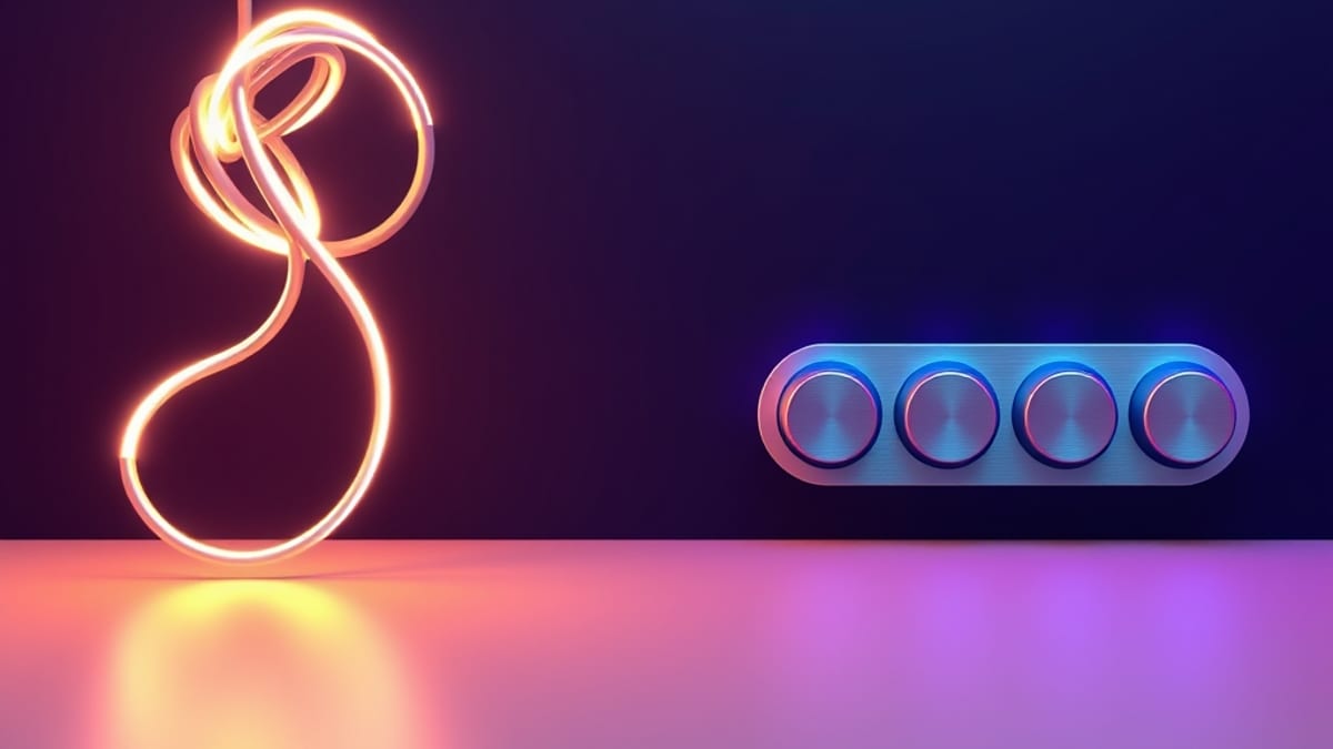 A tangled glowing wire on the left untangles into a neat row of smooth push buttons on the right, lit softly.
