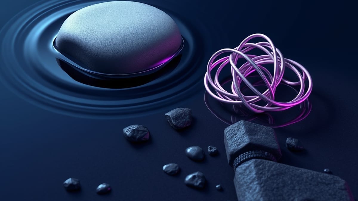 A smooth stone being shaped by flowing water, while a tangled wire knot sits untouched on the dry bank nearby.