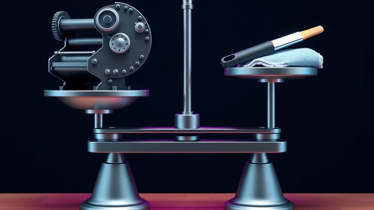A large printing press balanced on a scale against a small polishing cloth and brush.