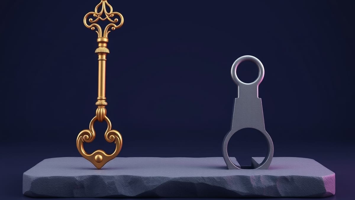 A large ornate brass key and a small plain steel key hovering over two differently shaped keyholes in a stone slab.